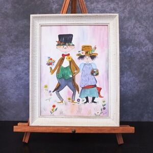 Vintage Signed Original Folk Art Painting Shabby Chic Framed Artwork